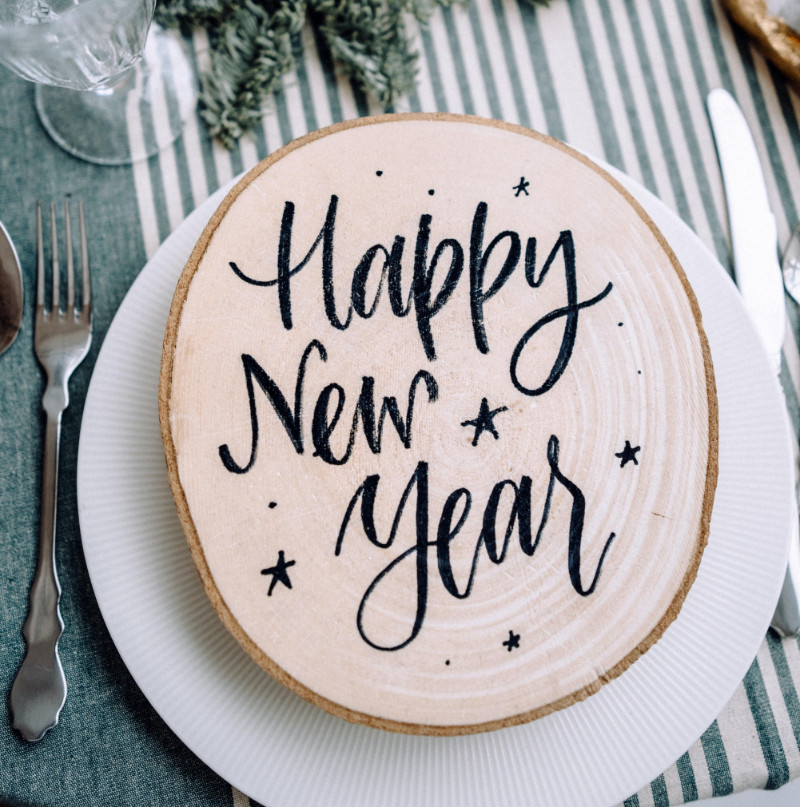 Happy New Year written on wood on a plate
